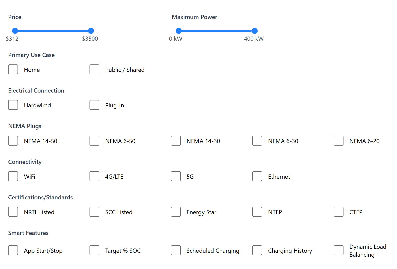 Charger filtering interface showing filters for price, power, and smart features