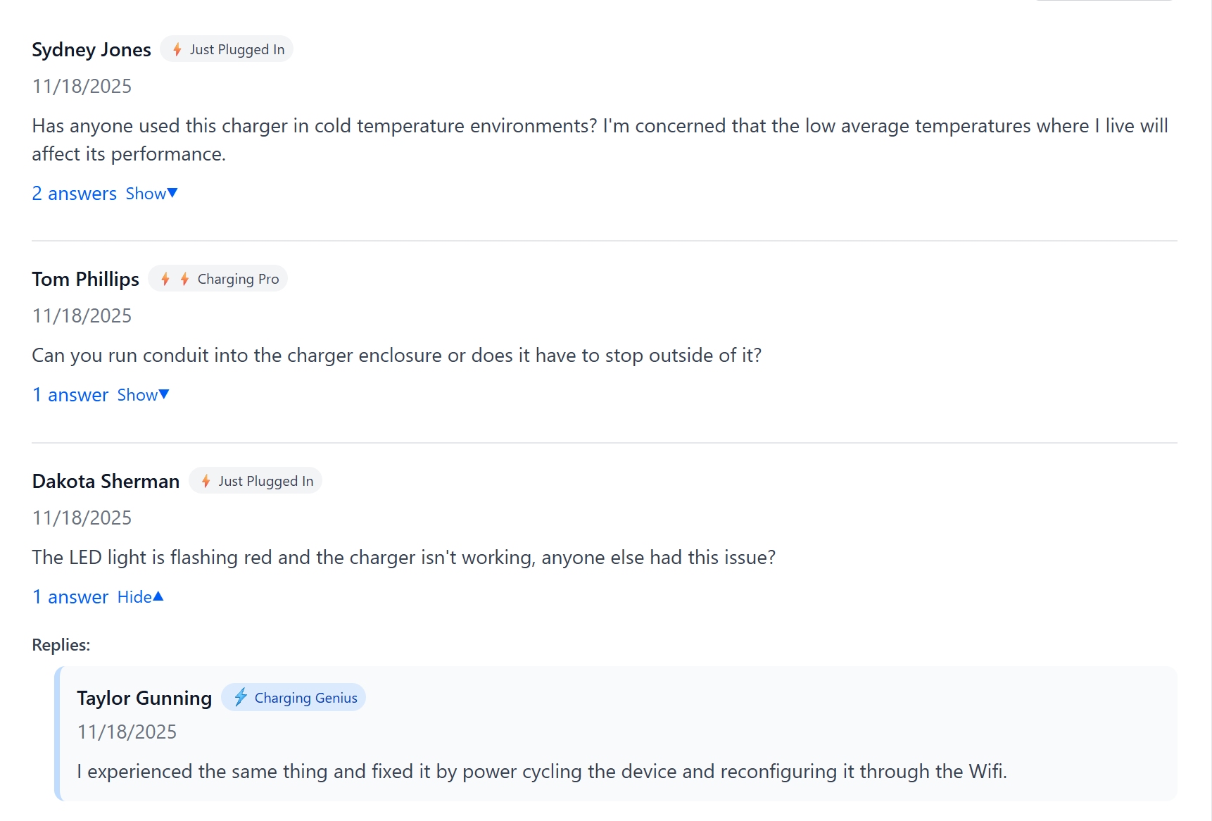 Product Q&A section showing questions and answers about EV chargers